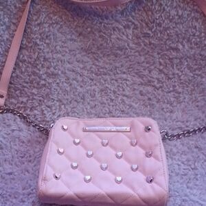 Betsey Johnson Misprinted Logo Pink Studded Crossbody Bag